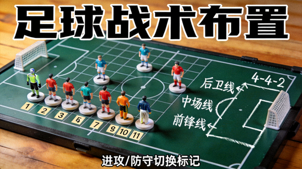 足球战术板上摆放的球员棋子与阵型示意